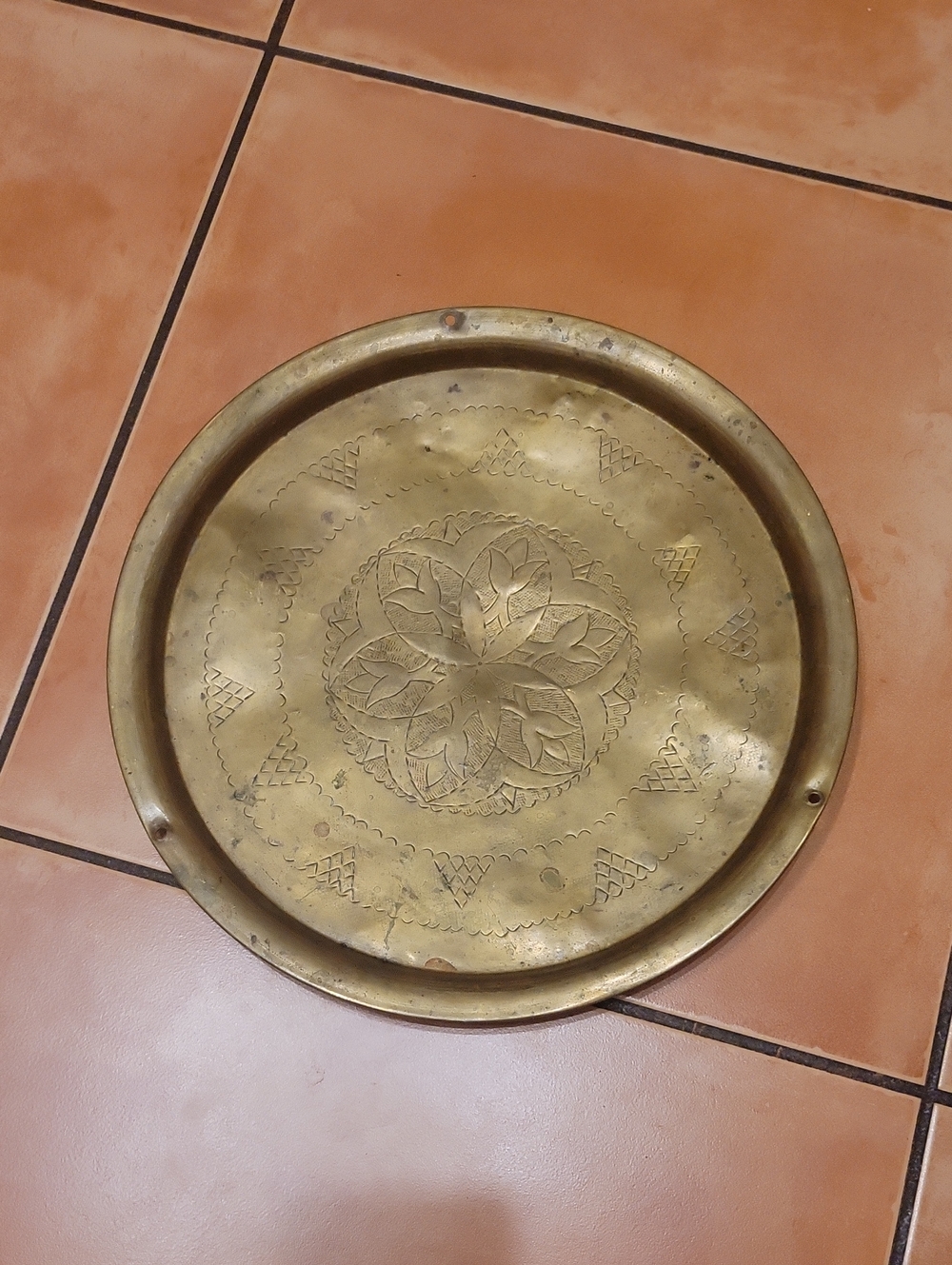 Vintage Round Etched Brass Tray 14in Diameter